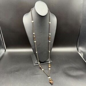 Stephen Dweck 40" Bronze Necklace w/ Baroque Pearls & Amber Bead Drop Pendant‎